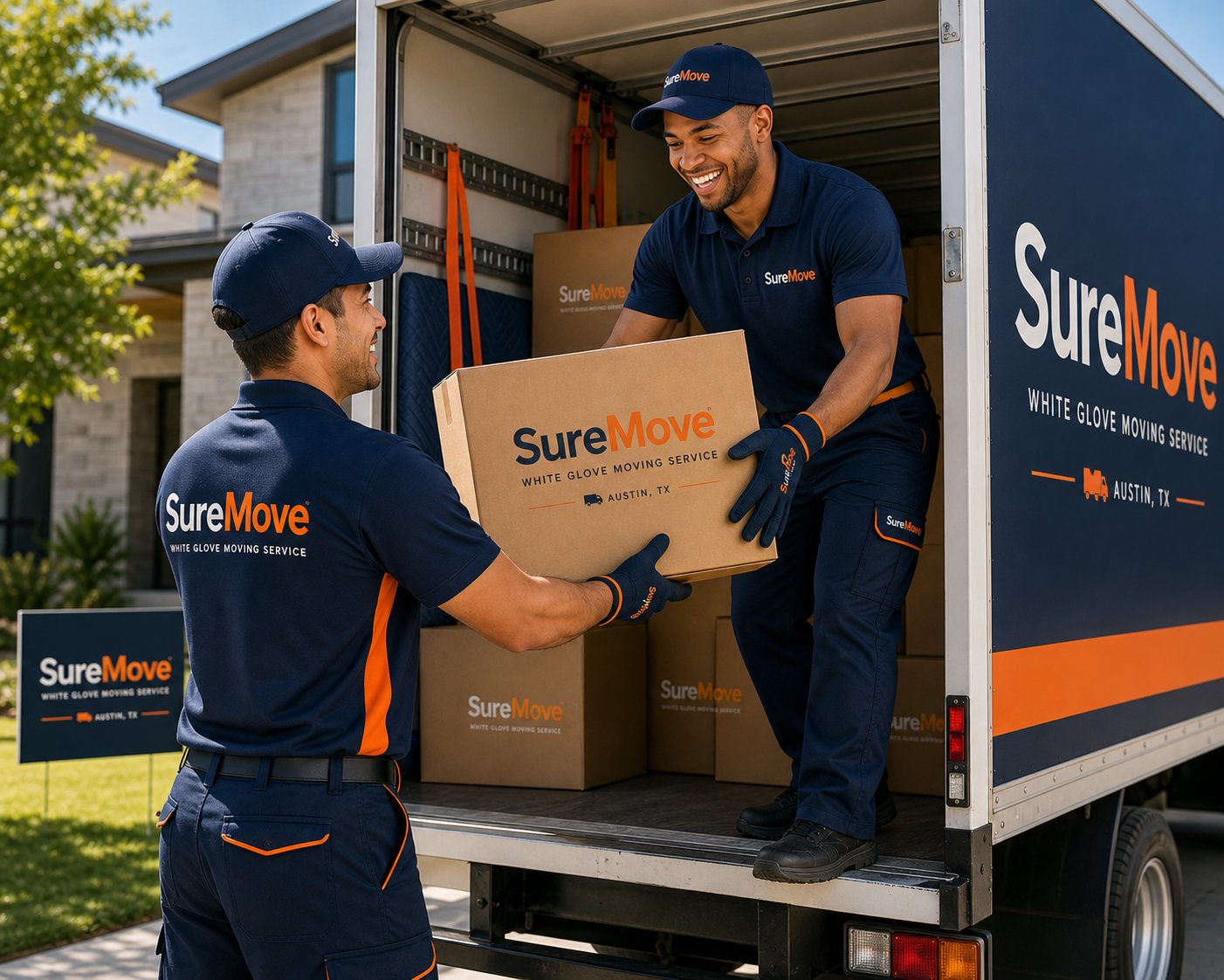 SureMove uniformed crew loading furniture into a moving truck in Austin